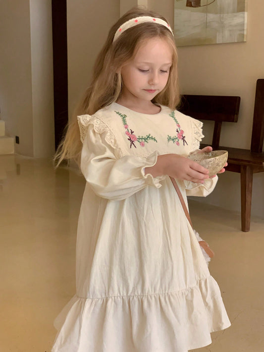 1 peça Vestido de Princesa com Manga Longa e Bainha com Babados Bordados com Flores para Outono