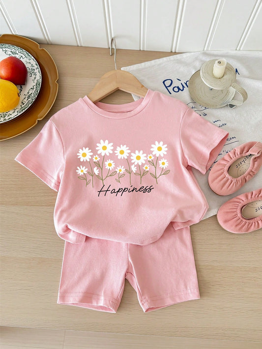 Conjunto de Flores, Menina Bebê Casual Minimalista Padrão de Flor Decote Redondo Manga Curta e Short, Adequado para o Verão, Inclui 95% Algodão