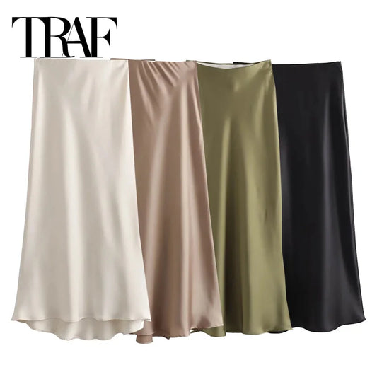 Satin Skirt Women High Waist Long Skirts For Women Summer Black Midi Skirt Office Elegant Women's Skirts